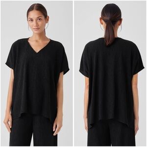 New Eileen Fisher Woven Plisse Vneck Top Black Small
